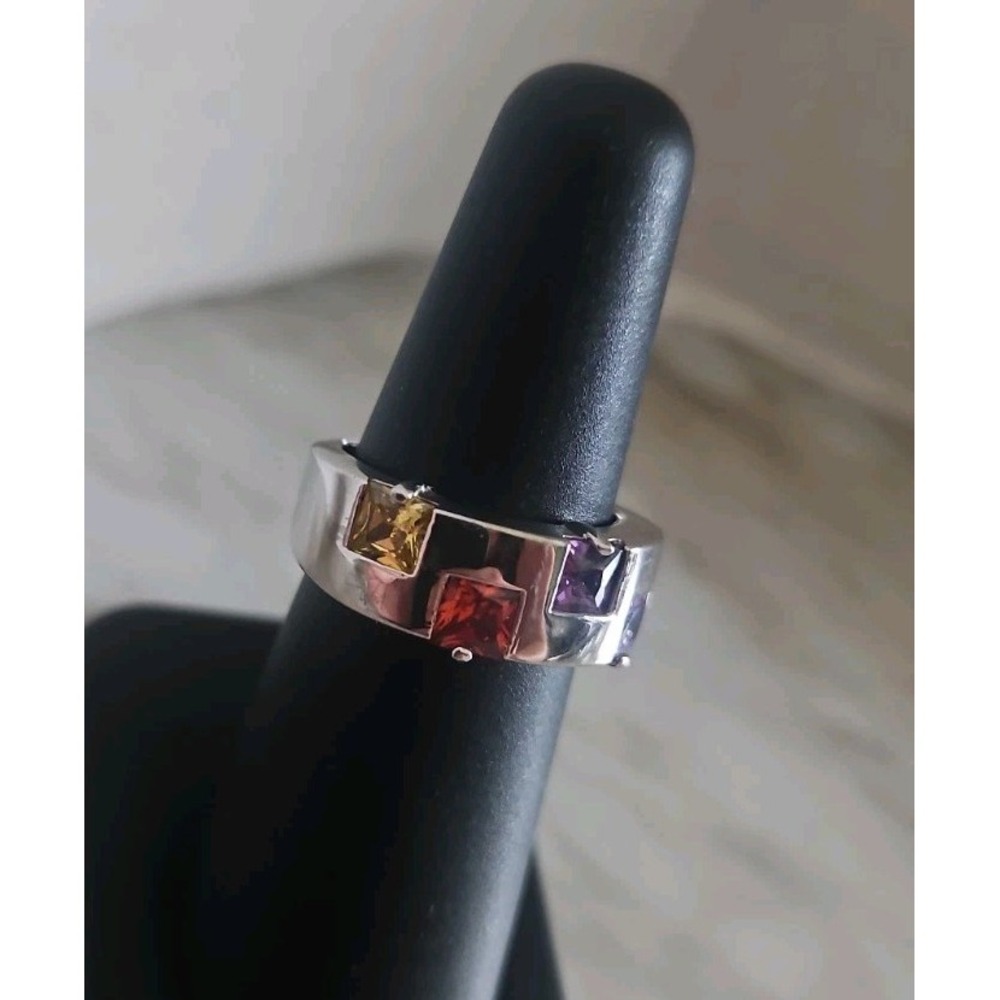 Platinum Plated Sterling Silver Ring With Colored Cubic Zirconias